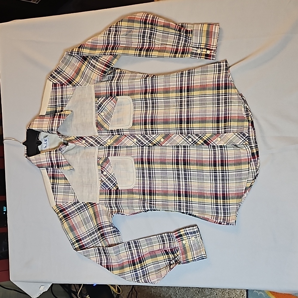 Vintage H.I.S Western Pearl Snap Shirt  sz M Plaid with  Cream accent yoke and